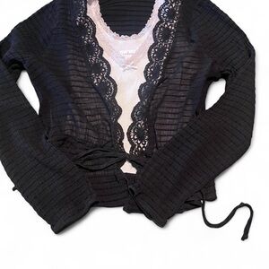 Chocolate Black Cardigan with Lace Detail